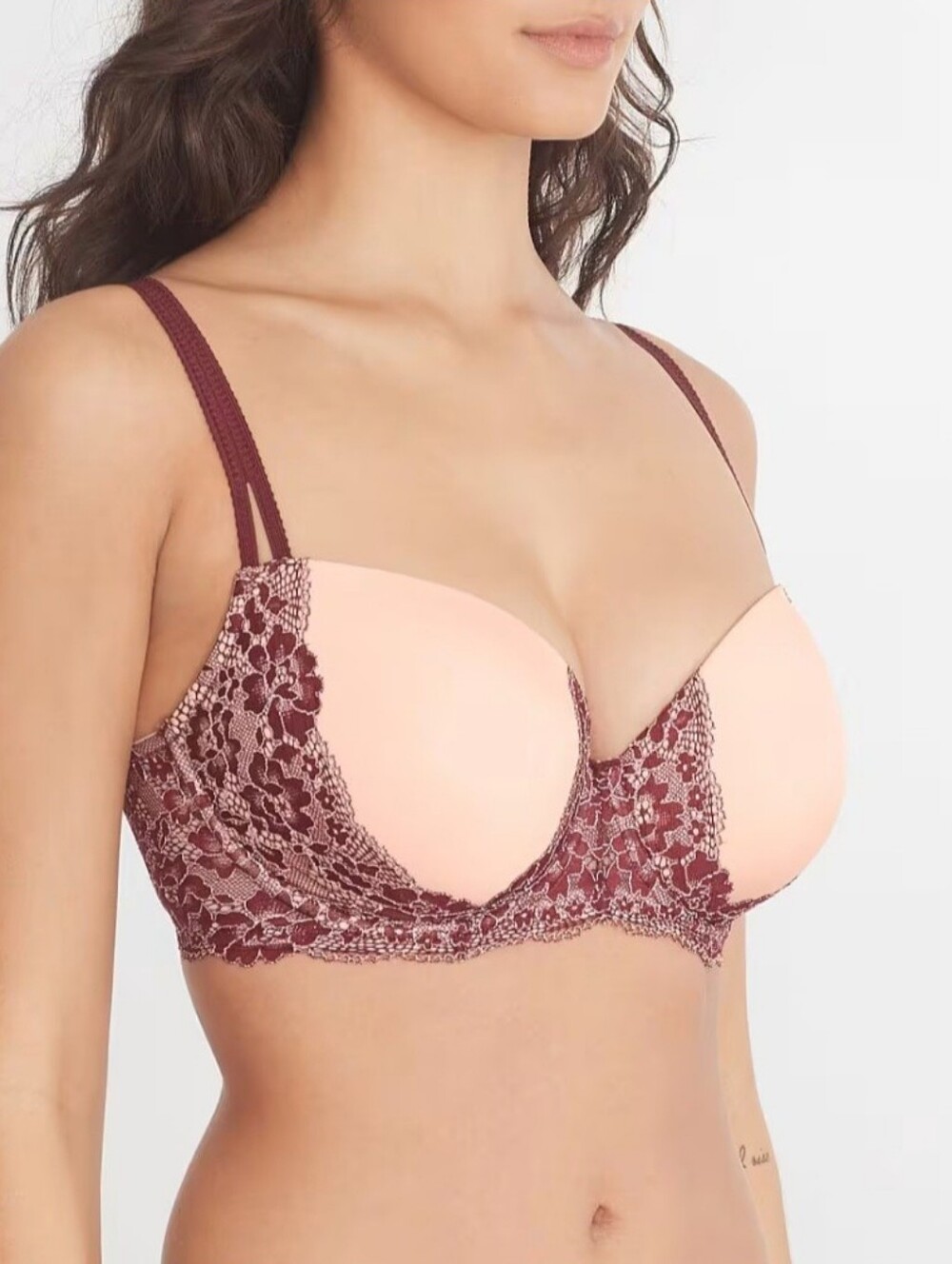 Camio Mio Lightly Lined Demi Balconette Bra in Barely There & Maroon